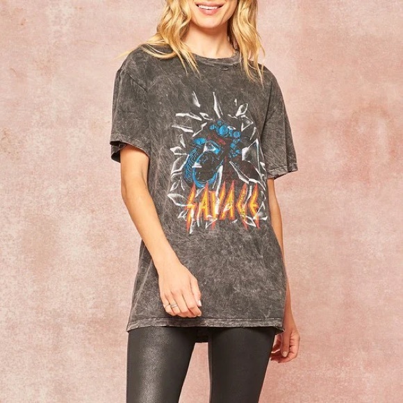 Vintage Canvas (M) Distressed Acid Wash Black 'Savage' Graphic Oversized T-Shirt - Picture 1 of 7